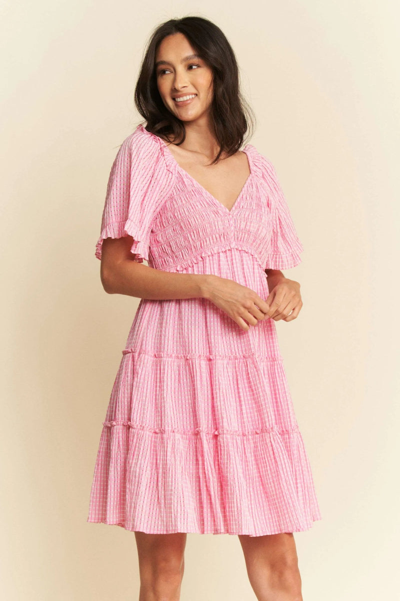 Davi & Dani Jacquard Checker Smocking Tiered Dress For Women - Love Salve