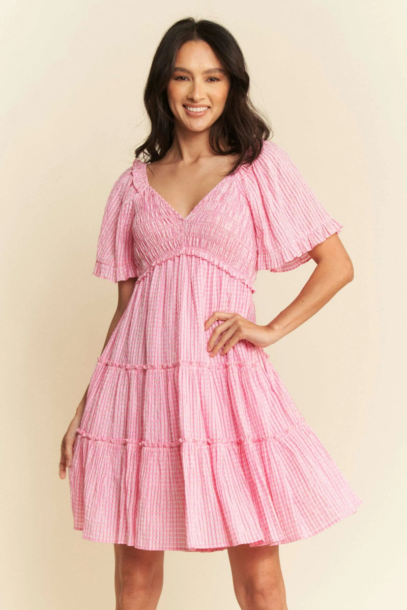Davi & Dani Jacquard Checker Smocking Tiered Dress For Women - Love Salve