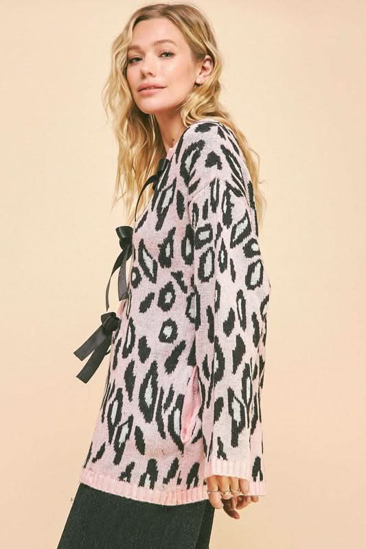 Davi & Dani Leopard Ribbon Tie Front Loose Fit Cardigan - Love Salve