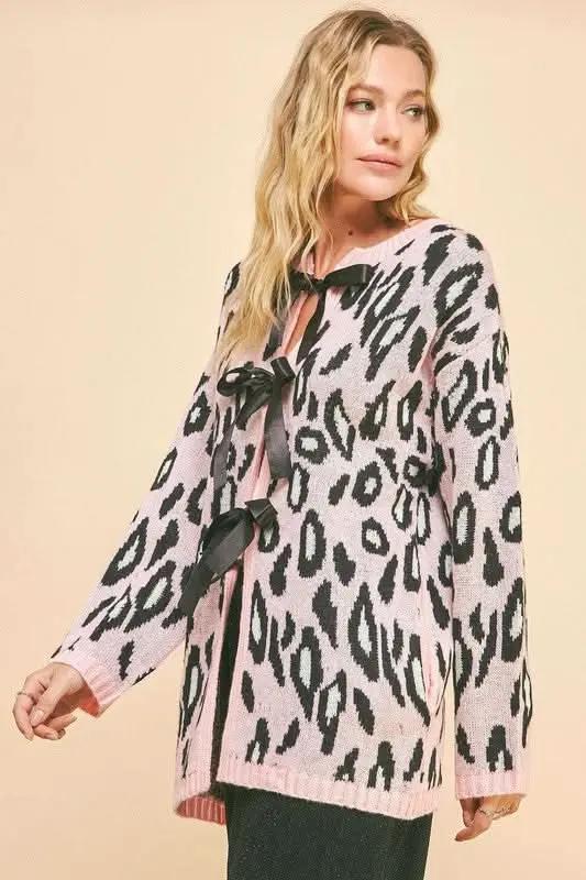 Davi & Dani Leopard Ribbon Tie Front Loose Fit Cardigan - Love Salve