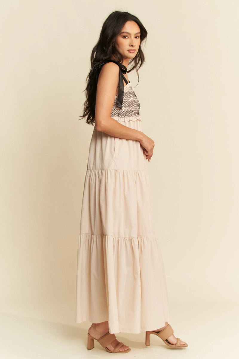 Davi & Dani Multi Contrast Smocked Bodice Straps Maxi Dress - Love Salve