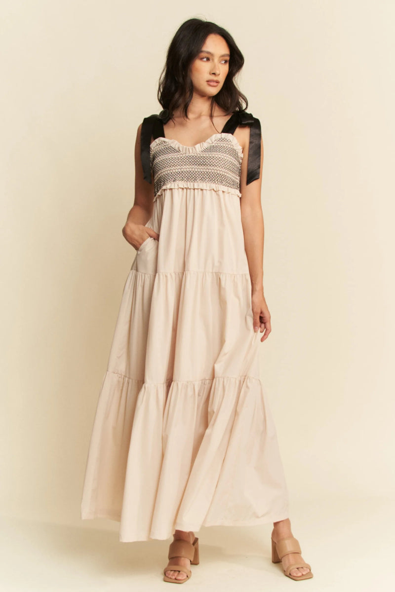 Davi & Dani Multi Contrast Smocked Bodice Straps Maxi Dress - Love Salve