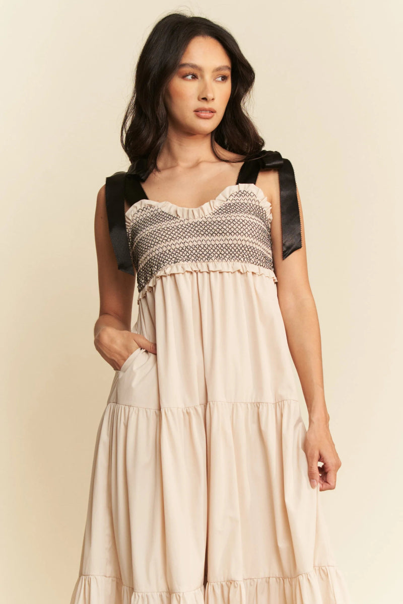 Davi & Dani Multi Contrast Smocked Bodice Straps Maxi Dress - Love Salve