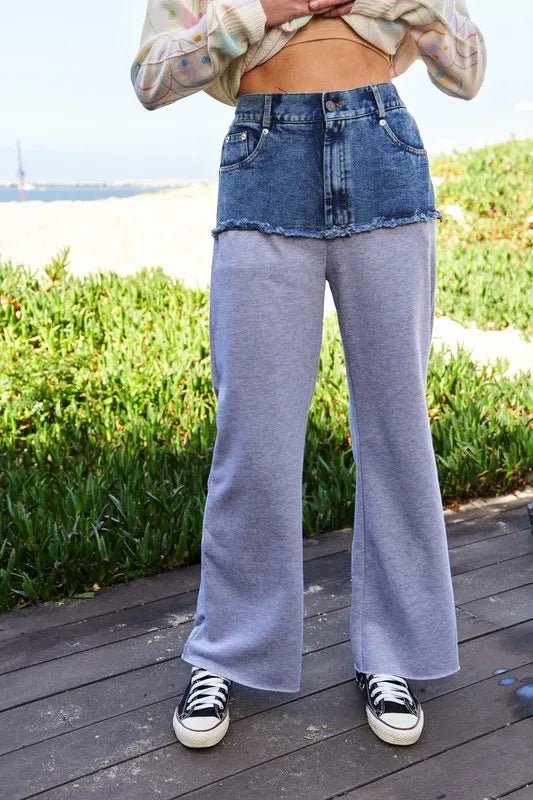 Davi & Dani Raw Hem Denim Patchwork Wide Leg Pants Women - Love Salve