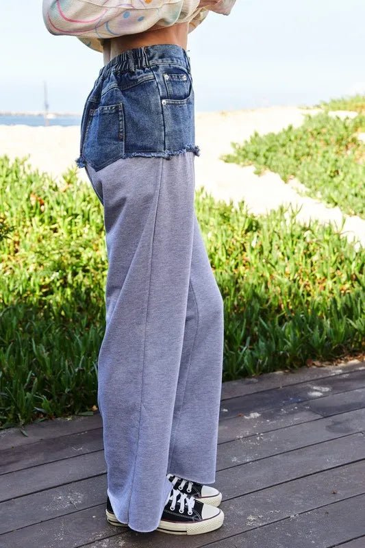 Davi & Dani Raw Hem Denim Patchwork Wide Leg Pants Women - Love Salve
