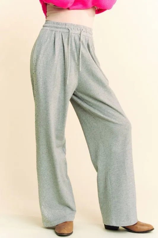 Davi & Dani Rhinestone Elastic Waist Wide Leg Pants For Women - Love Salve