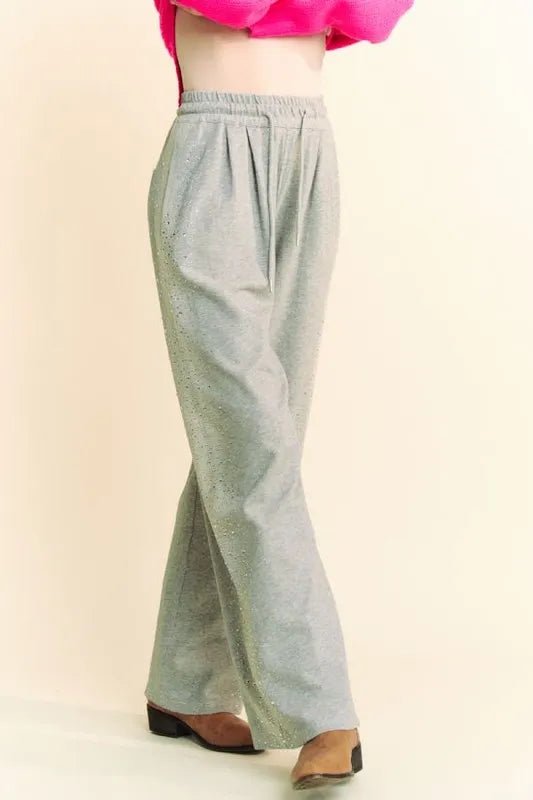 Davi & Dani Rhinestone Elastic Waist Wide Leg Pants For Women - Love Salve