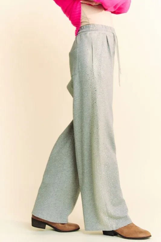 Davi & Dani Rhinestone Elastic Waist Wide Leg Pants For Women - Love Salve