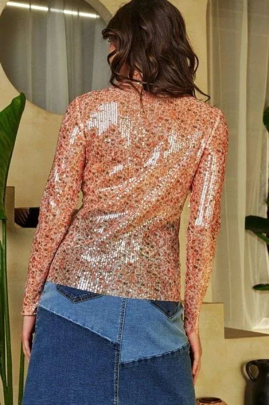 Davi & Dani Sequin Mock Neck Long Sleeve Mesh Top for Style - Love Salve