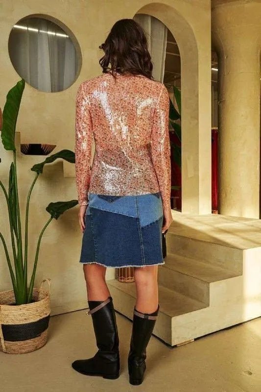 Davi & Dani Sequin Mock Neck Long Sleeve Mesh Top for Style - Love Salve