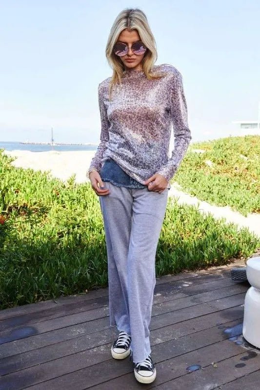 Davi & Dani Sequin Mock Neck Long Sleeve Mesh Top for Women - Love Salve