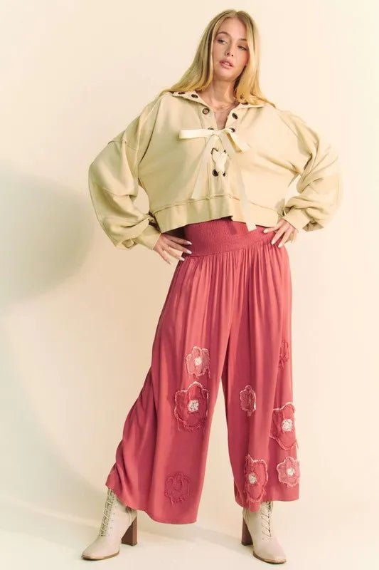 Davi & Dani Smocked Waist Flower Patch Wide Leg Pants - Love Salve