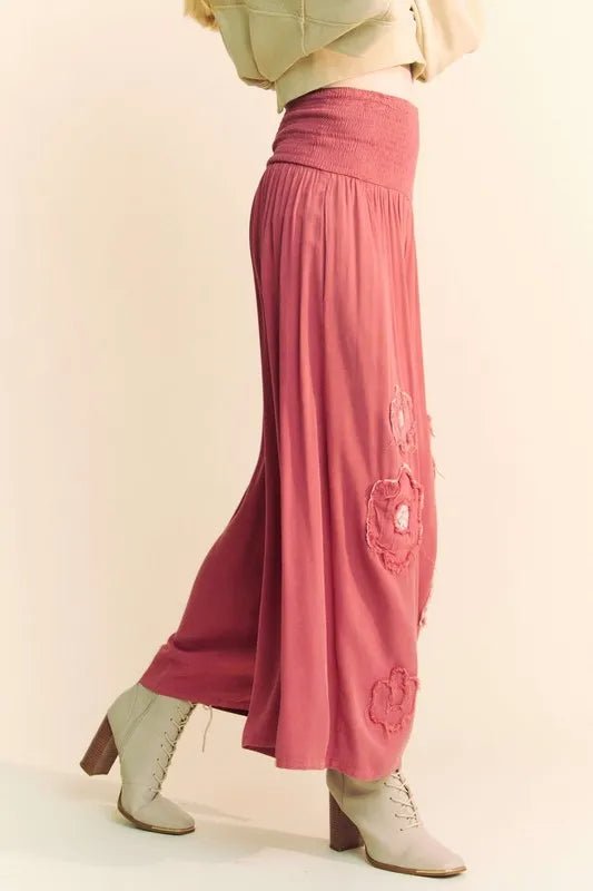 Davi & Dani Smocked Waist Flower Patch Wide Leg Pants - Love Salve