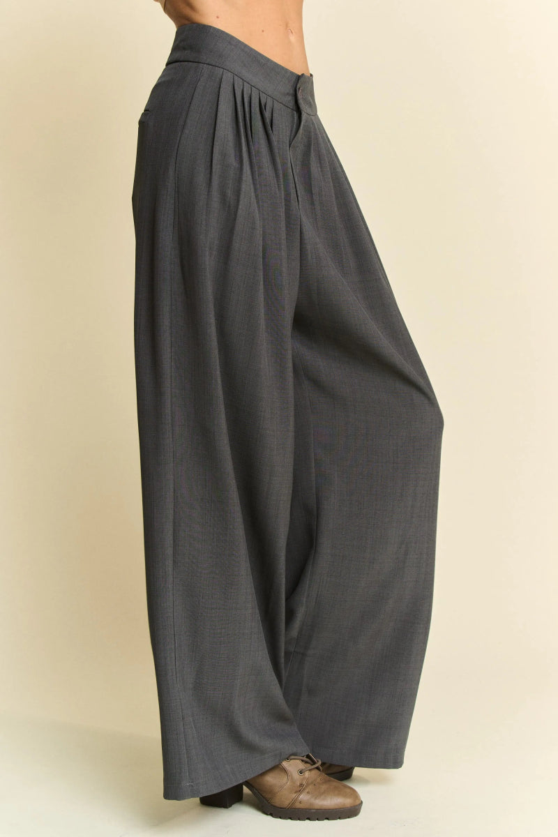 Davi & Dani Solid Back Pocket Shirring Detail Wide Leg Pants - Love Salve