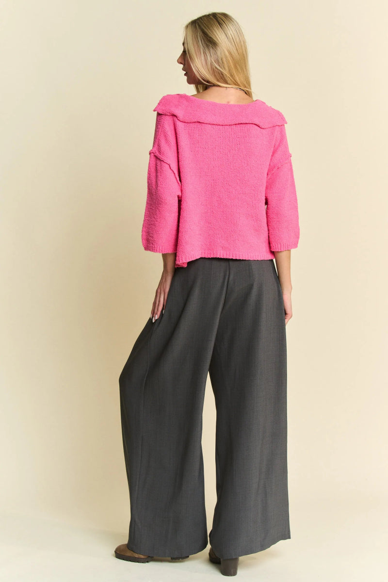Davi & Dani Solid Back Pocket Shirring Detail Wide Leg Pants - Love Salve