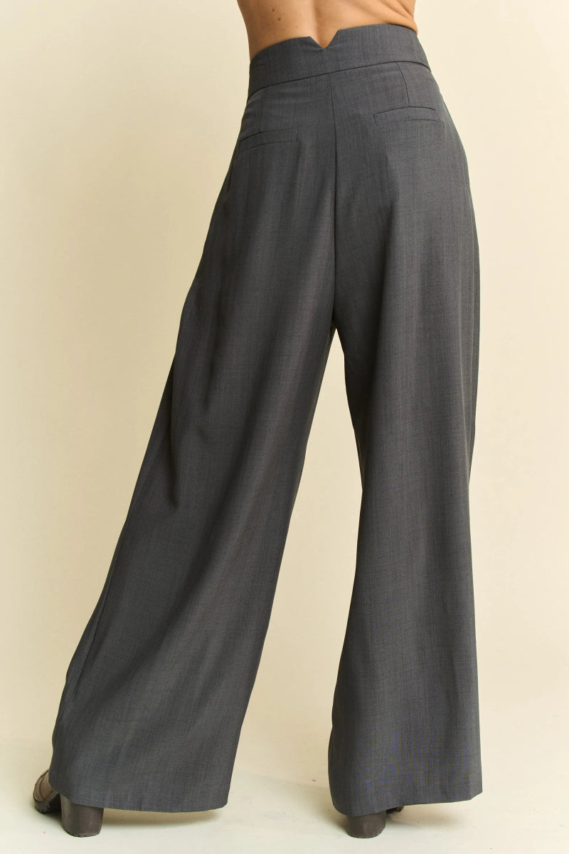 Davi & Dani Solid Back Pocket Shirring Detail Wide Leg Pants - Love Salve