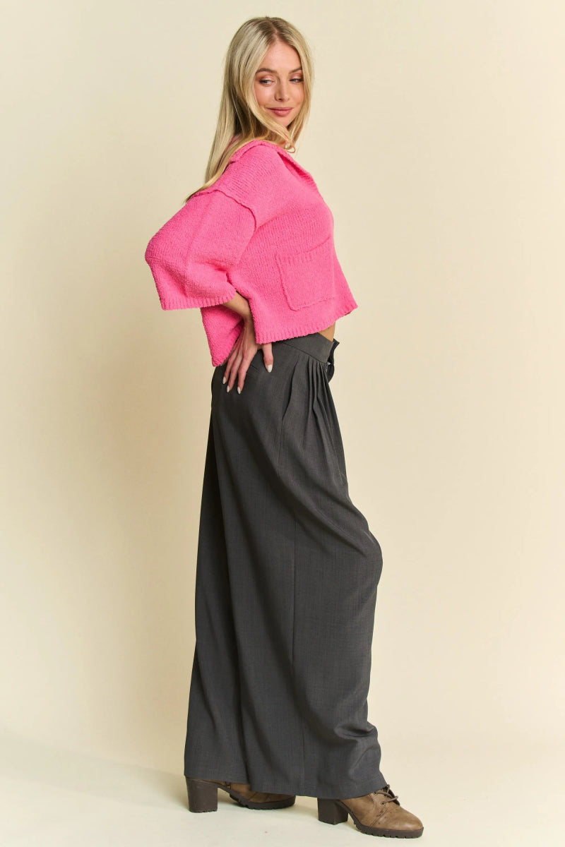 Davi & Dani Solid Back Pocket Shirring Detail Wide Leg Pants - Love Salve