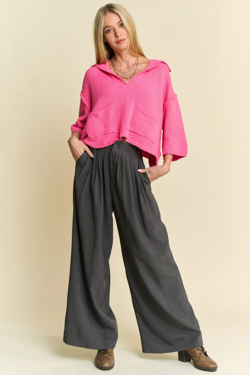 Davi & Dani Solid Back Pocket Shirring Detail Wide Leg Pants - Love Salve