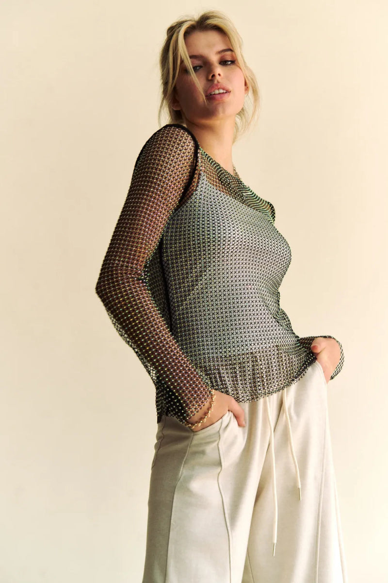 Davi & Dani Sparkling Rhinestone Sheer Mesh Round Neck Top - Love Salve