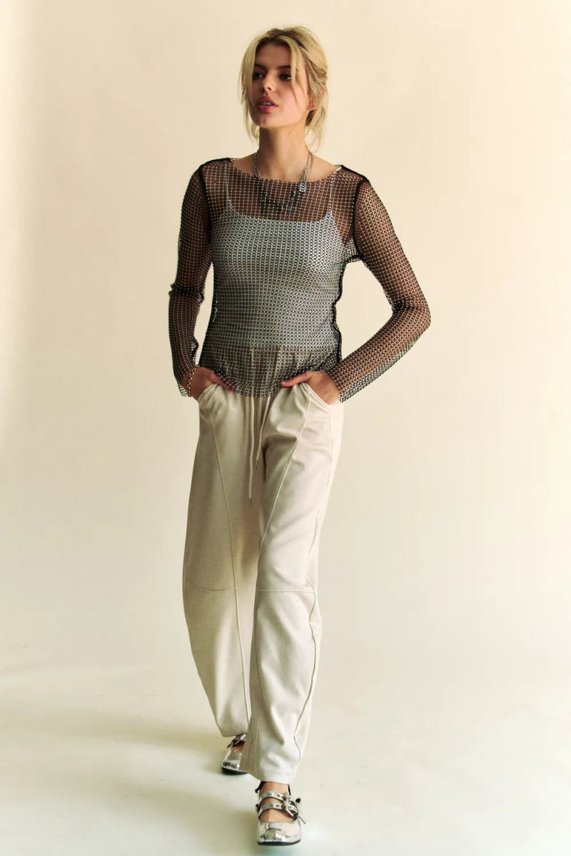 Davi & Dani Sparkling Rhinestone Sheer Mesh Round Neck Top - Love Salve