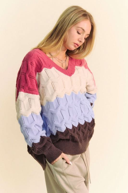 Davi & Dani Wavy Texture Color Block V-Neck Sweater - Love Salve