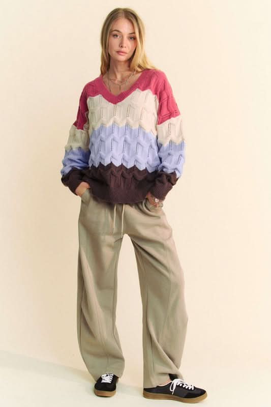 Davi & Dani Wavy Texture Color Block V-Neck Sweater - Love Salve