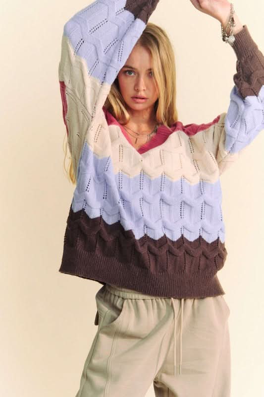 Davi & Dani Wavy Texture Color Block V-Neck Sweater - Love Salve