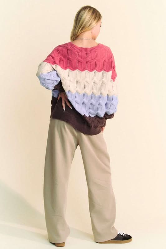 Davi & Dani Wavy Texture Color Block V-Neck Sweater - Love Salve