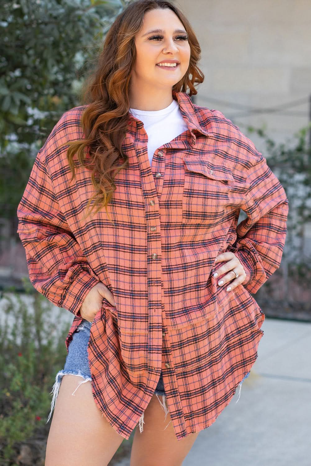 Red Plaid Long Sleeeve Side Split Distressed Hem Shirt - Love Salve