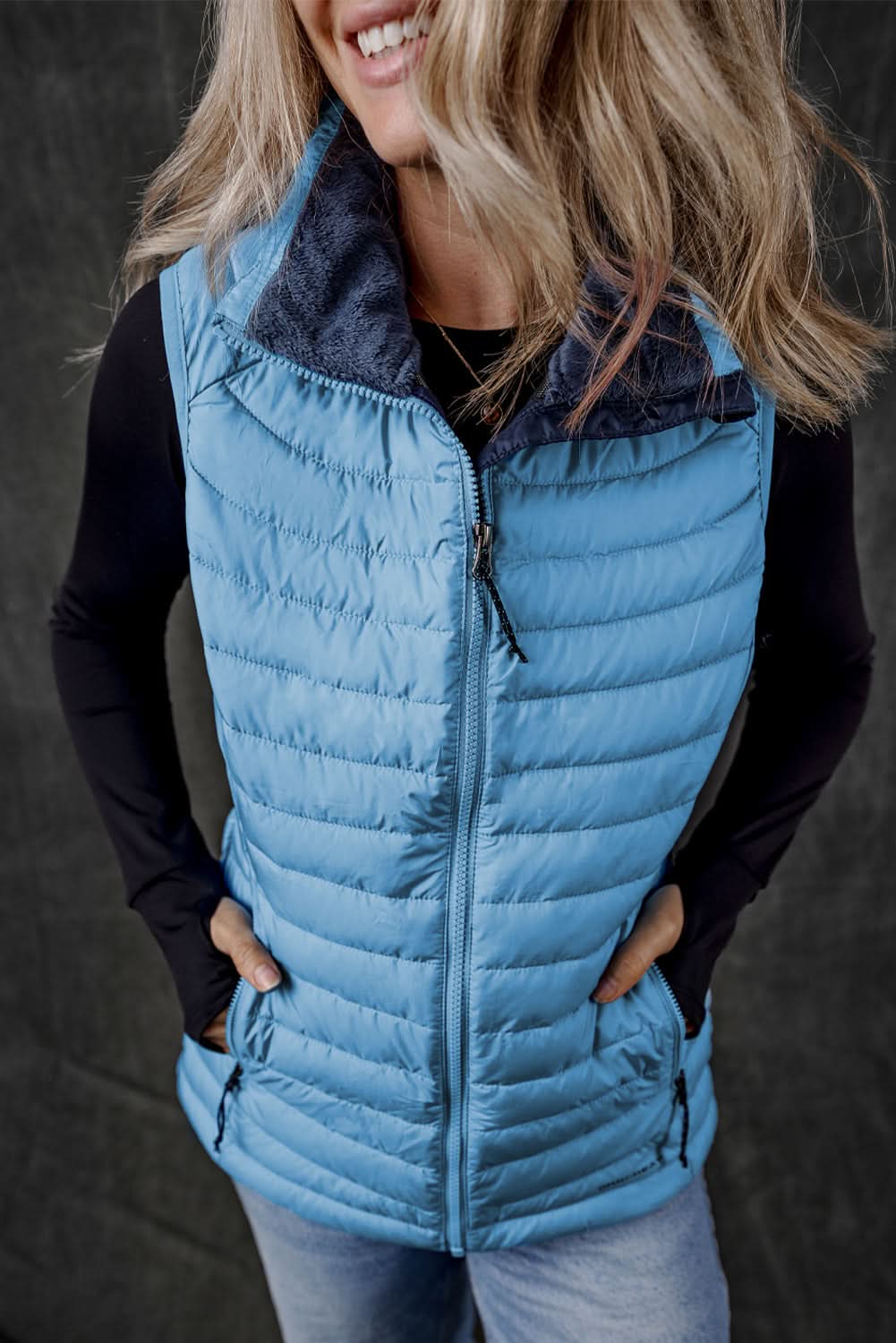 Sky Blue Plush Collared Quilted Zipped Puffer Vest - Love Salve