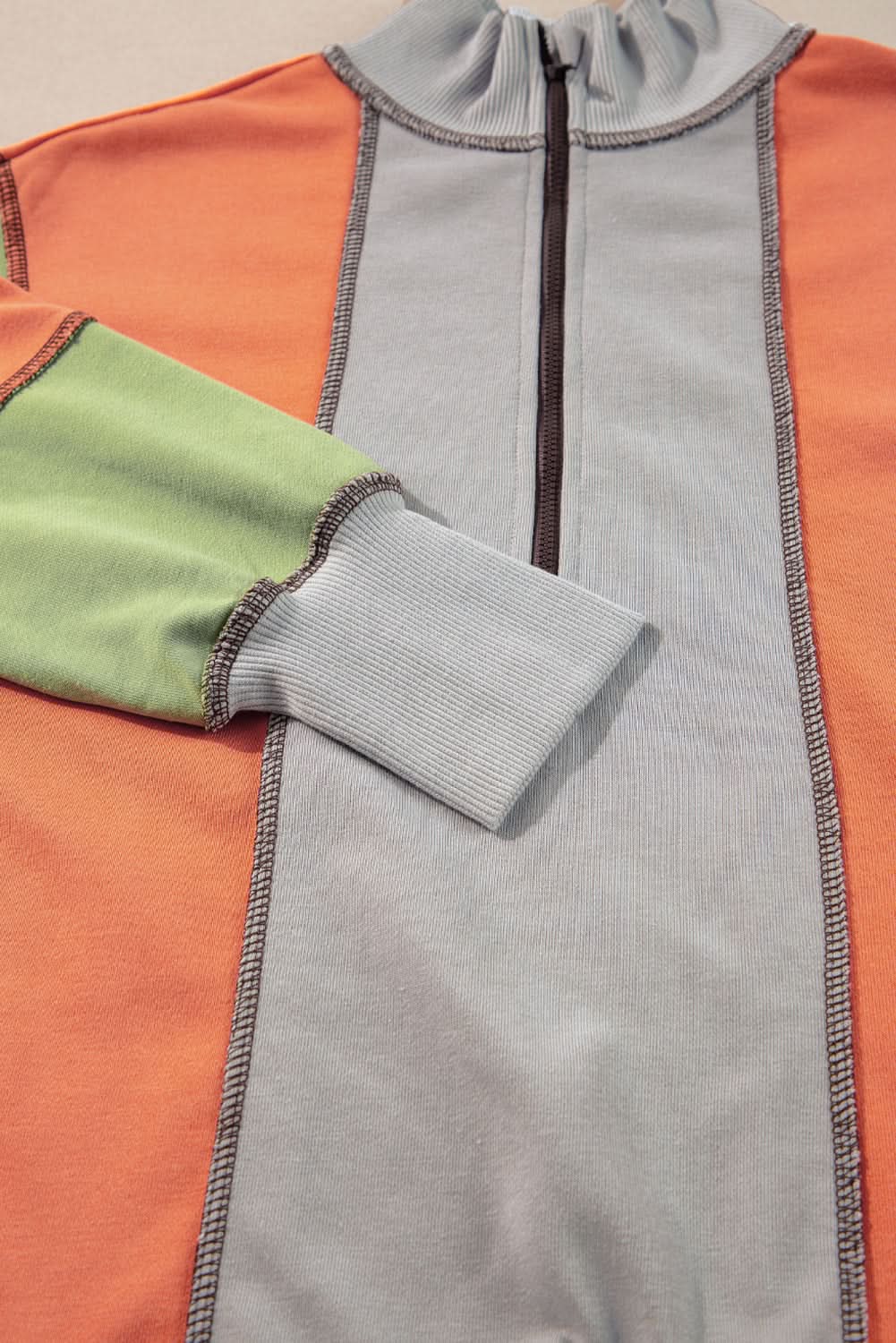 Light Grey Color Block Stitching Detail Half Zipper Sweatshirt - Love Salve