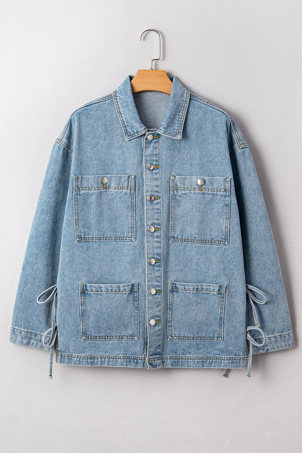 Beau Blue Patchwork Pockets Side Tie Boyfriend Denim Jacket