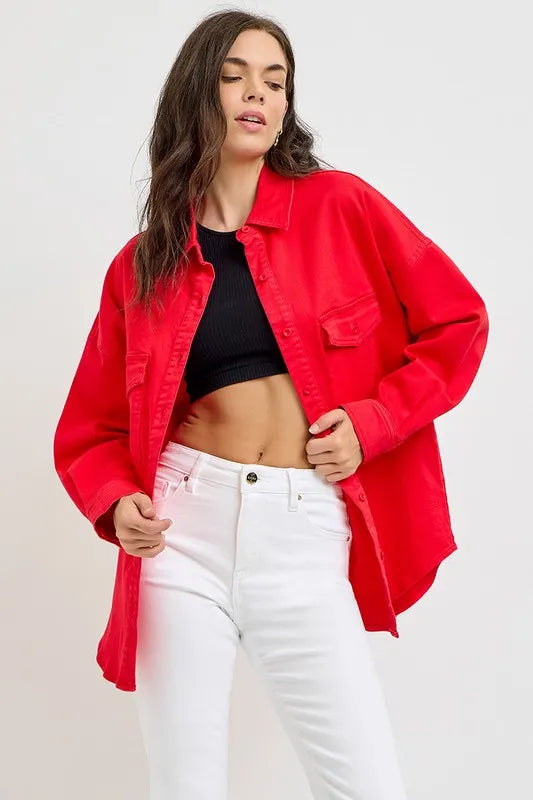 Risen Button Down Long Sleeve Denim Shacket with Chest Pockets - Love Salve