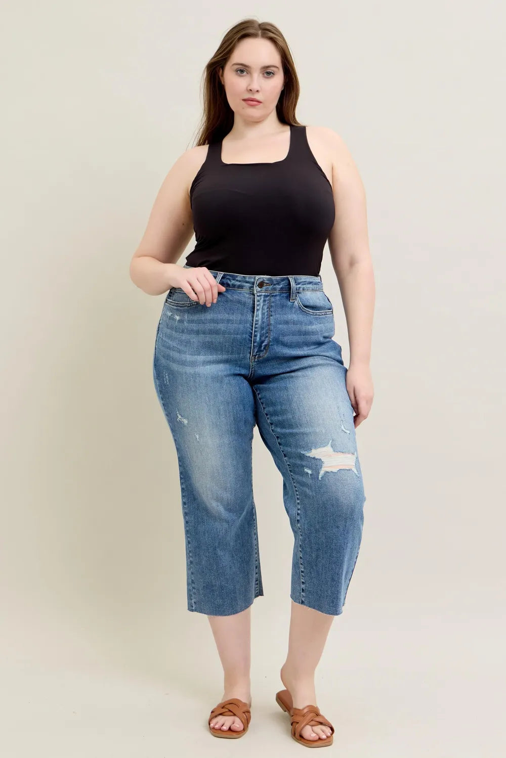 Judy Blue Plus Size High Waist Back Destroyed Raw Cut Hem Crop Wide Leg Jeans - Love Salve