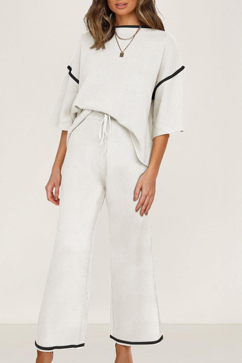 Premium White Contrast Trim Half Sleeve Top Drawstring Pants Set