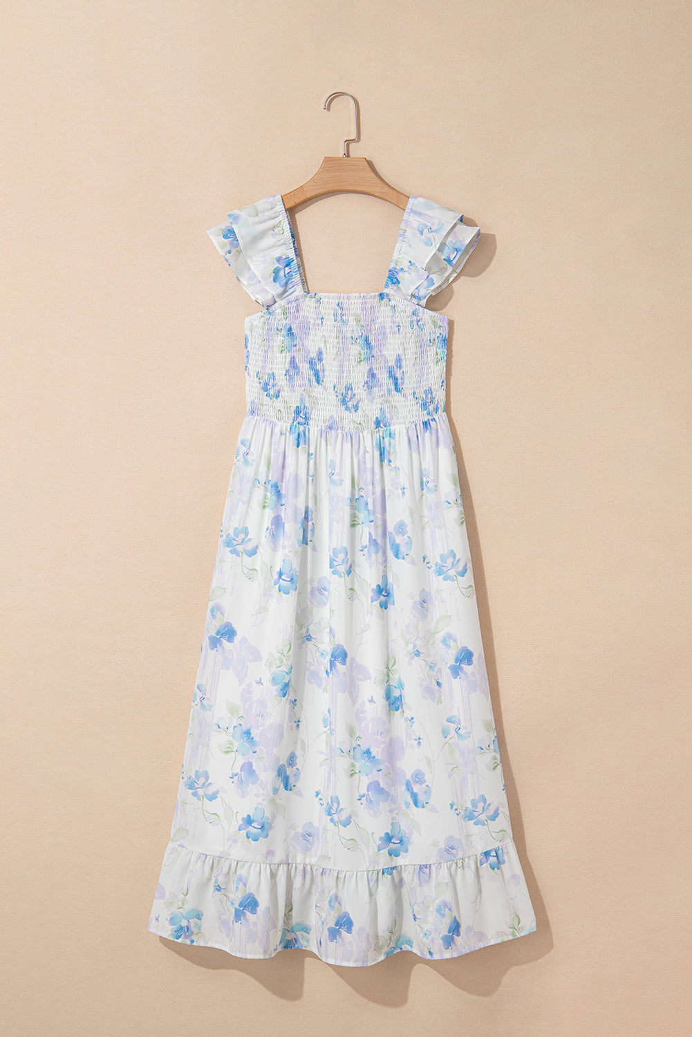 Sky Blue Floral Smocked High Waist Ruffle Sleeveless Dress
