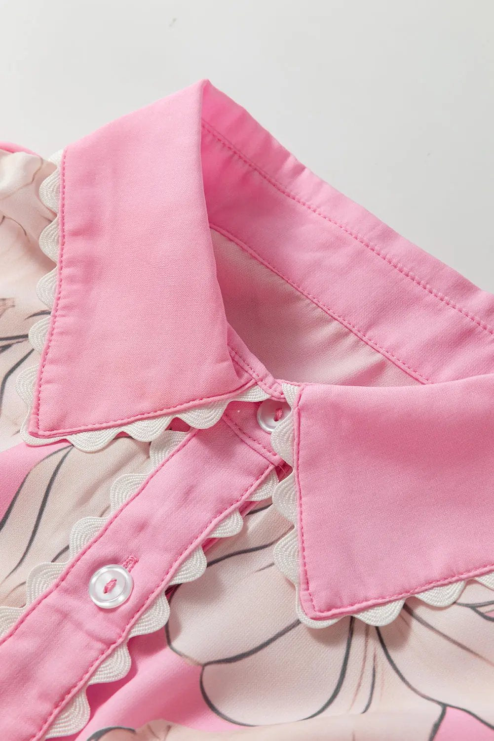 Rose Floral Ric Rac Edge Puff Sleeve Button Up Shirt Love Salve