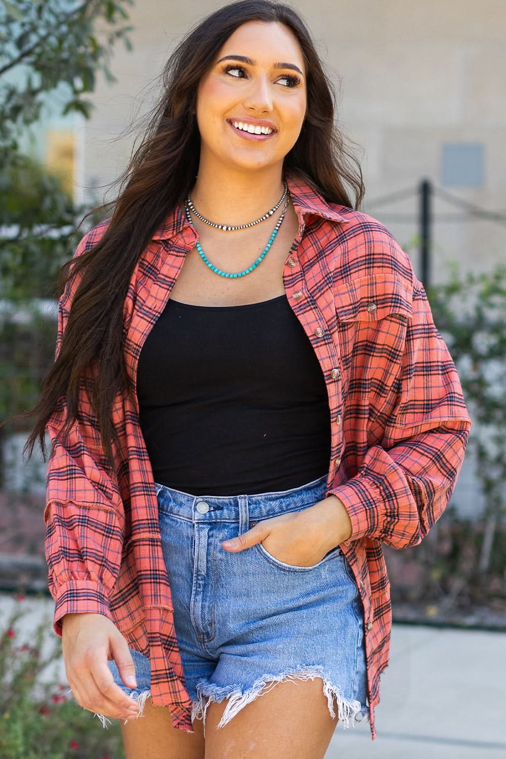 Red Plaid Long Sleeeve Side Split Distressed Hem Shirt - Love Salve