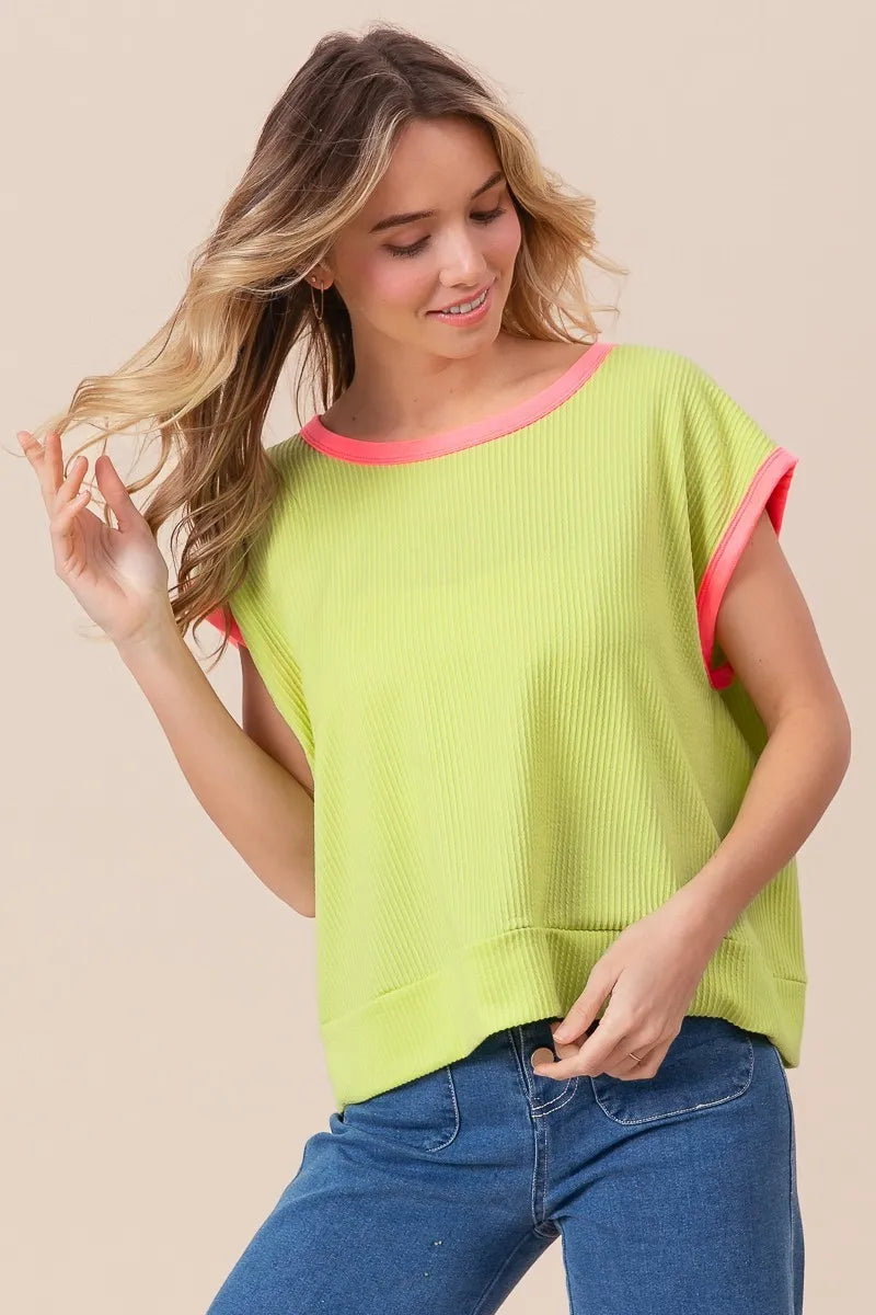 BiBi Cord Rib Knit Contrast Banded Top - Love Salve