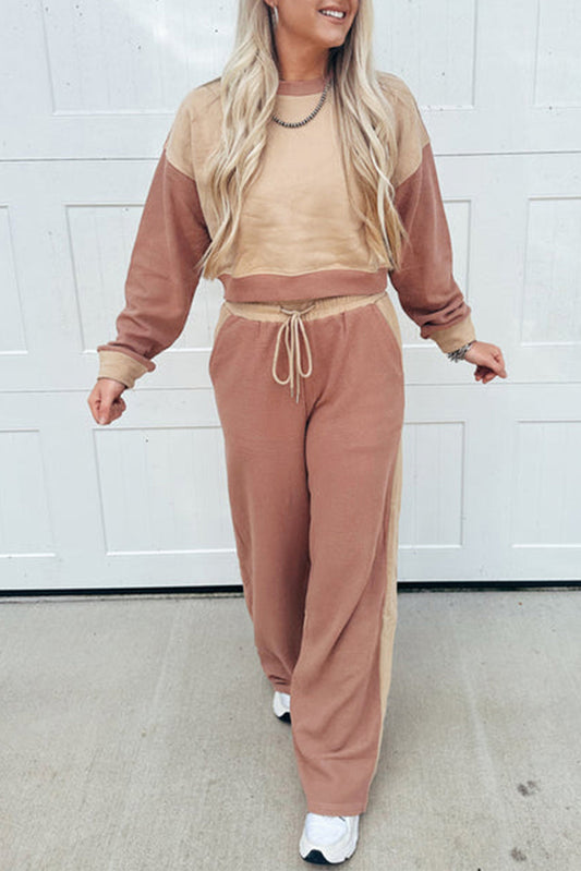 Premium Khaki Color Block Long Sleeve Crop Top Drawstring Pants Set Dear-Lover Dropshipping