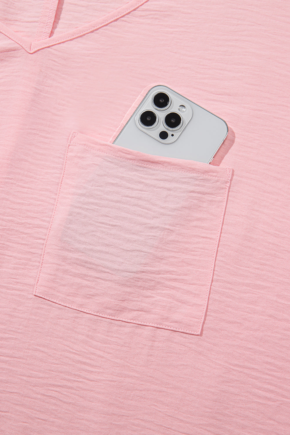 Pink Textured Half Sleeve V Neck Plus Size T Shirt with Chest Pocket