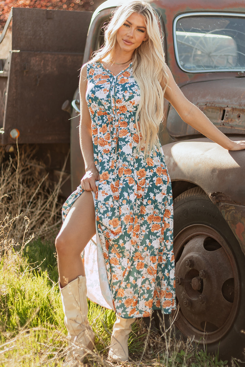 Green Floral Print Trimmed V Neck Tie Waist Sleeveless Dress