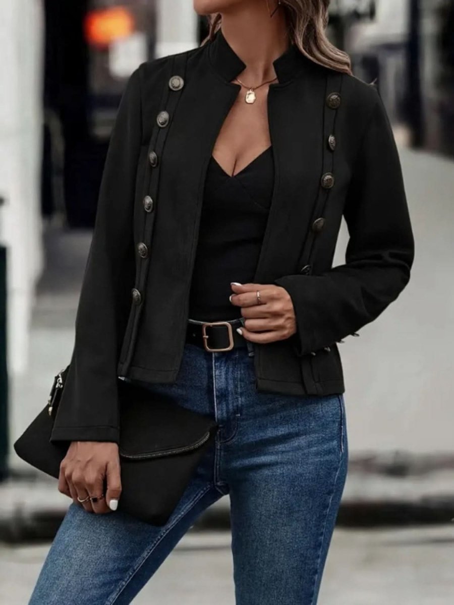 Decorative Button Open Front Long Sleeve Jacket - Love Salve