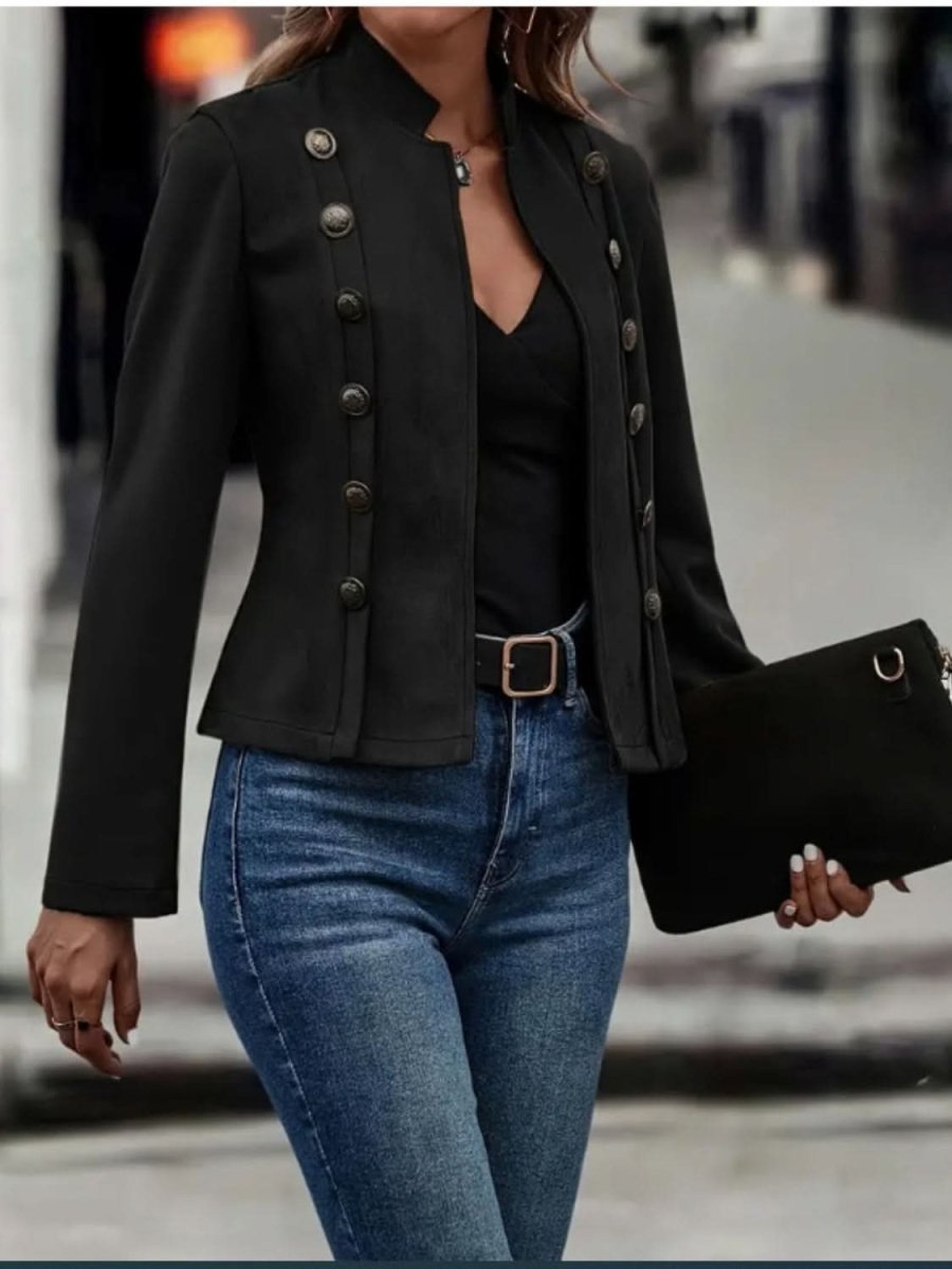 Decorative Button Open Front Long Sleeve Jacket - Love Salve