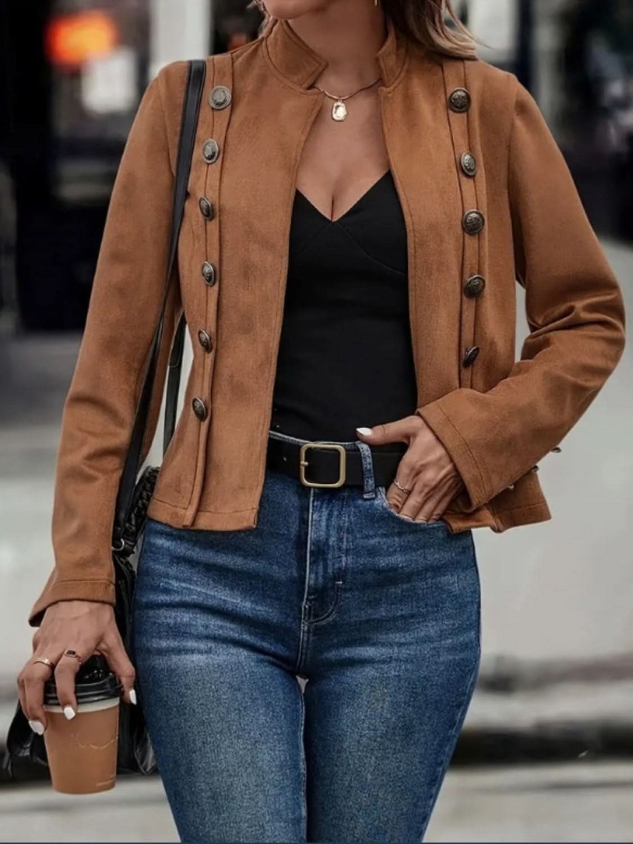 Decorative Button Open Front Long Sleeve Jacket - Love Salve