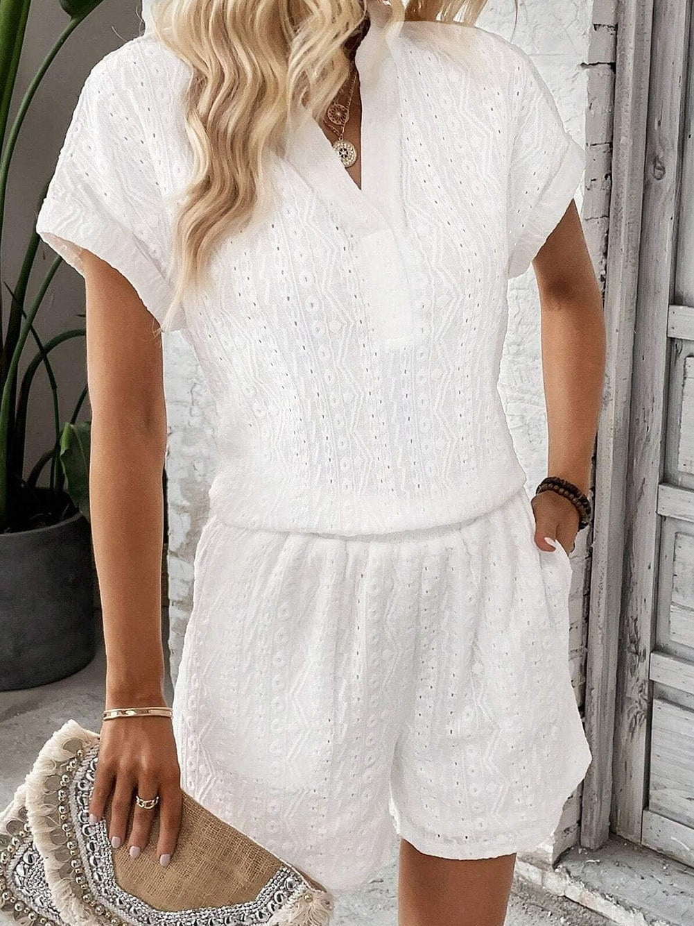 Eyelet Embroidered Button-Up Jumpsuit