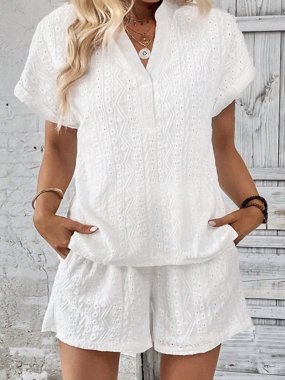 Eyelet Embroidered Button-Up Jumpsuit