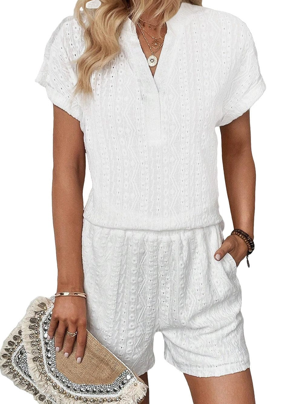 Eyelet Embroidered Button-Up Jumpsuit