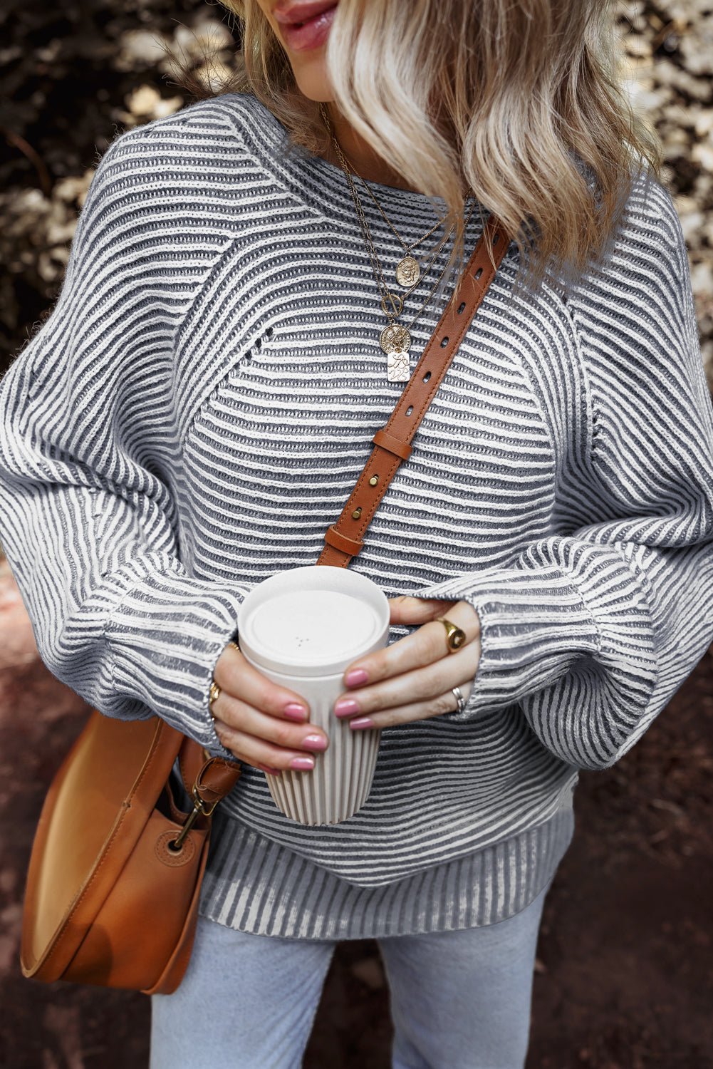 Ashleigh Blue Striped Ribbed Knit Baggy Boat Neck Sweater