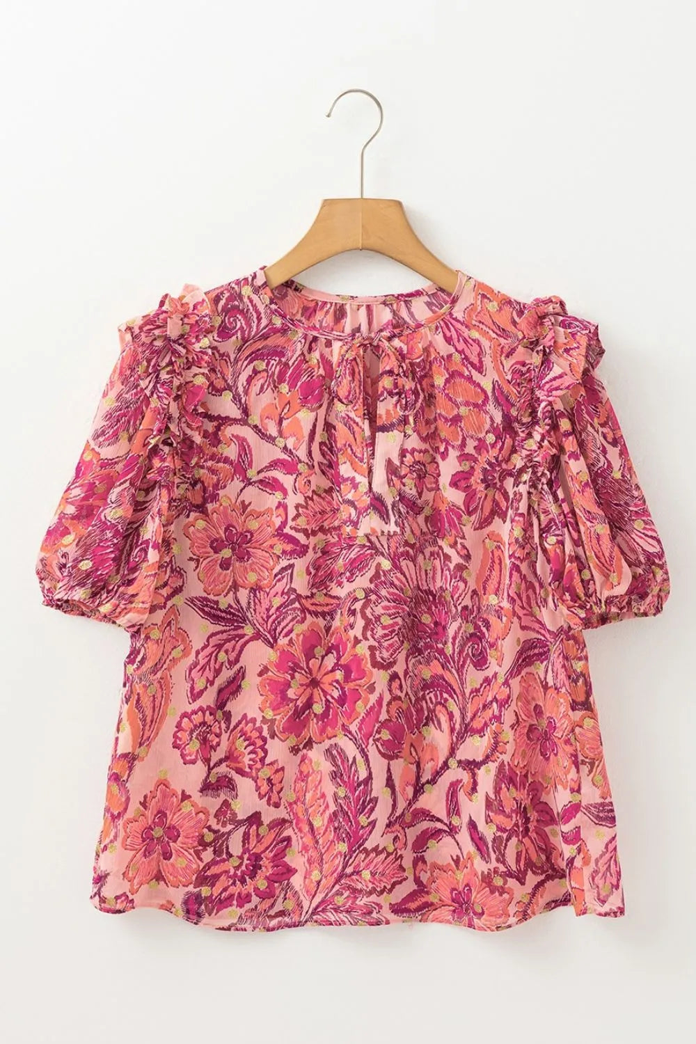 Floral Print Ruffled Puff Short Sleeve Blouse